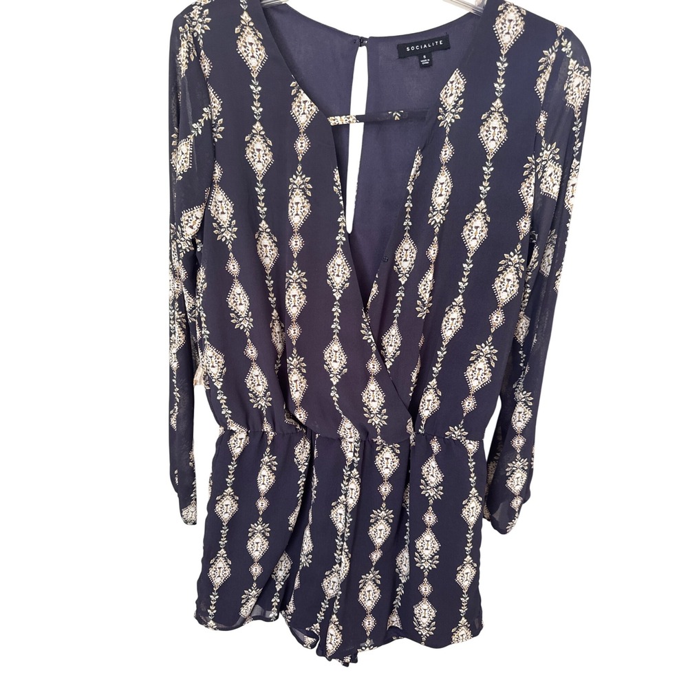 Women's Socialite Geometric Navy Blue‎ Short Romper lined elastic waist Small